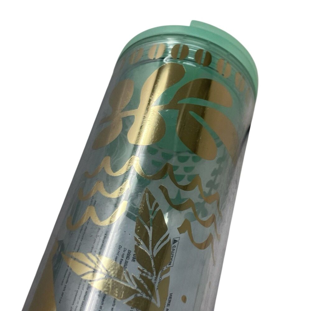 Starbucks Tumbler 16oz Mint Green Gold Print Double Wall Cold Cup Reusable 473ml - Picture 8 of 10